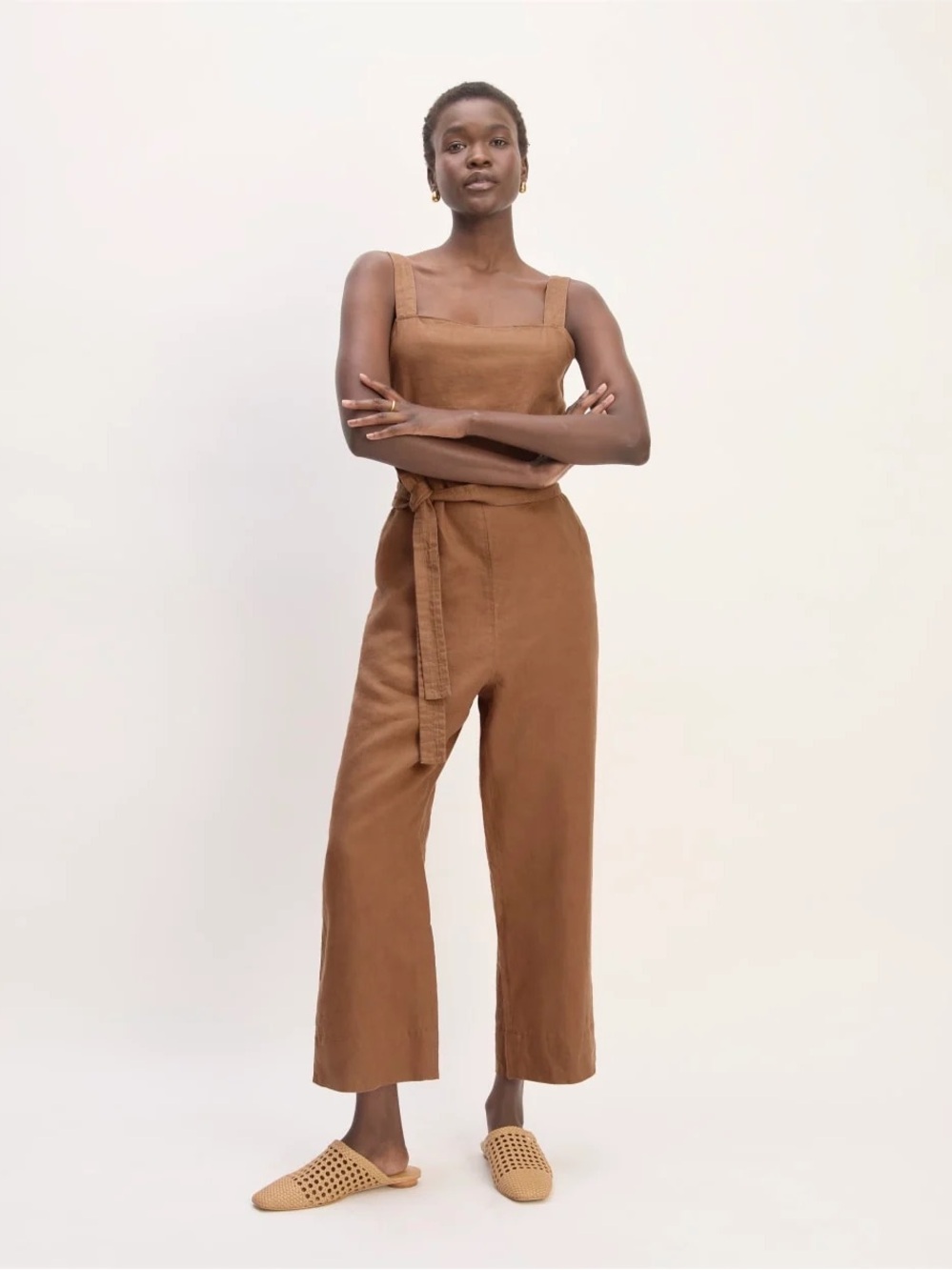 Everlane THE LINEN SIDE-BUTTON JUMPSUIT Brown Size 14 100% European linen